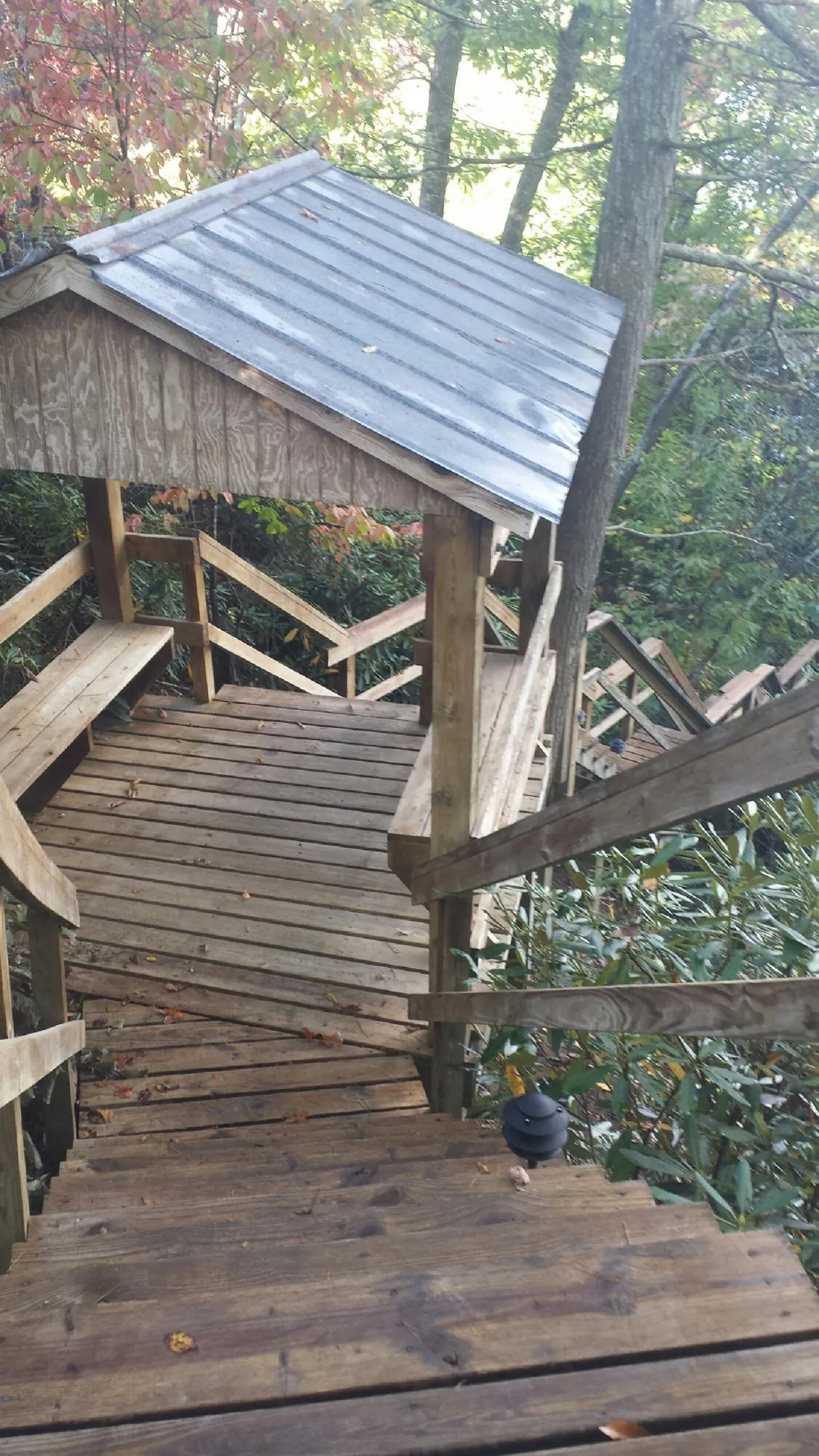 Metal roofed shelter over wooden steps on a wooded walkway — Skylight Repair & Installation work by our crew in Rosalie